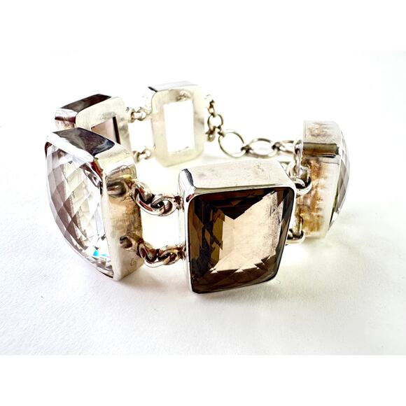 Smokey Quartz Clear Quartz Crystal Bracelet Chunky Handmade 925 Sterling Silver